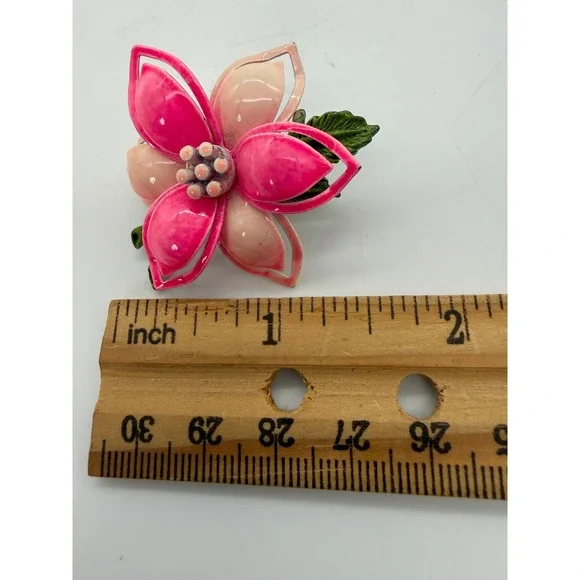 Vintage Pink Enamel Flower Brooch Pin Layered Floral Design Retro Green Stem - Picture 4 of 7